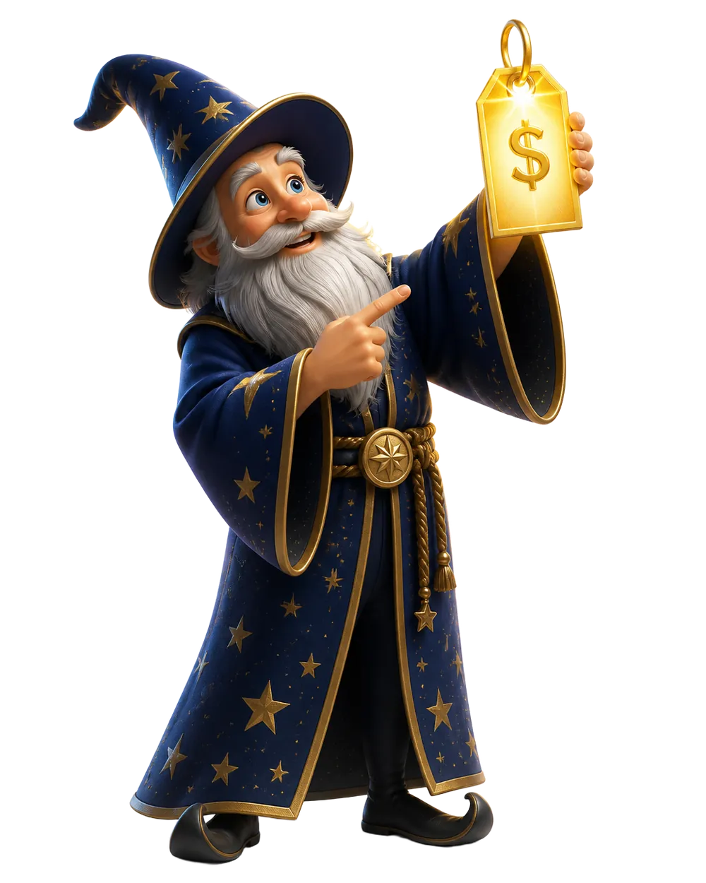 ShipWizard mascot holding a golden price tag