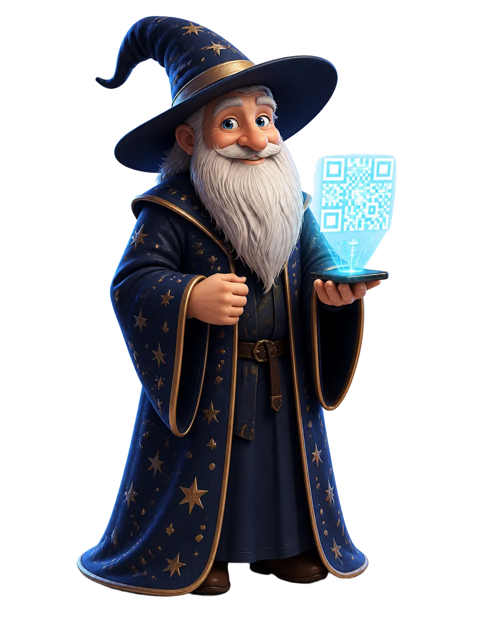 ShipWizard mascot projecting a QR code from a phone